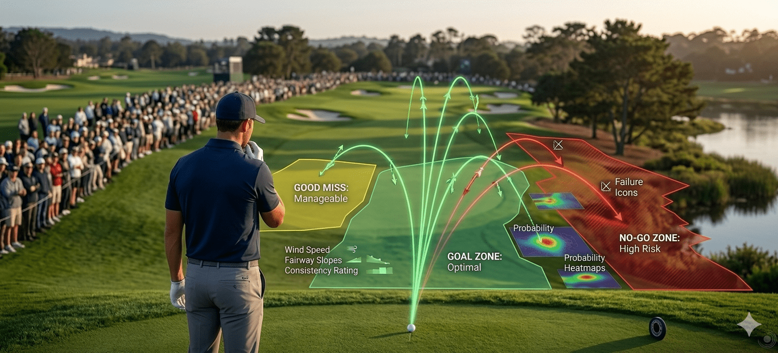 Golfer plant Zielzone guten Miss und No-Go-Zone auf dem Fairway
